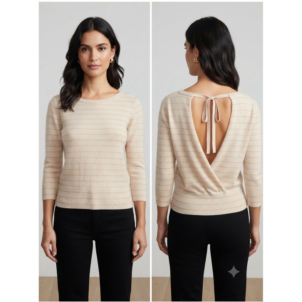 Women's Beige Striped Knit Sweater‎ Tie Back Open Back 3/4 Sleeve Top